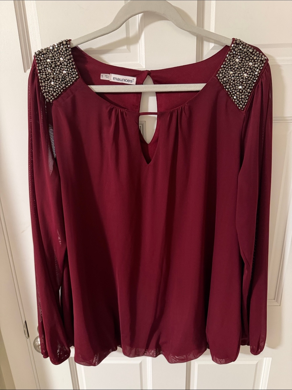 Maurices Maroon Studded Peek-A-Boo Chiffon
Blouse Long Sheer Sleeve 1X 16-18